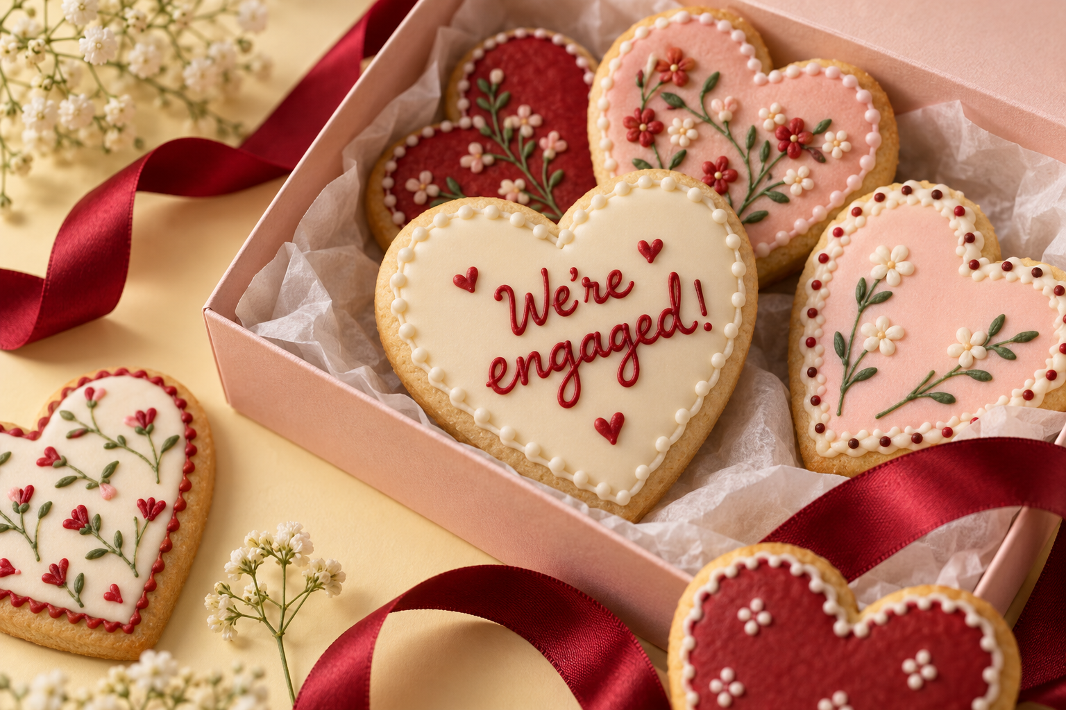 A blush gift box filled with beautifully iced engagement cookies