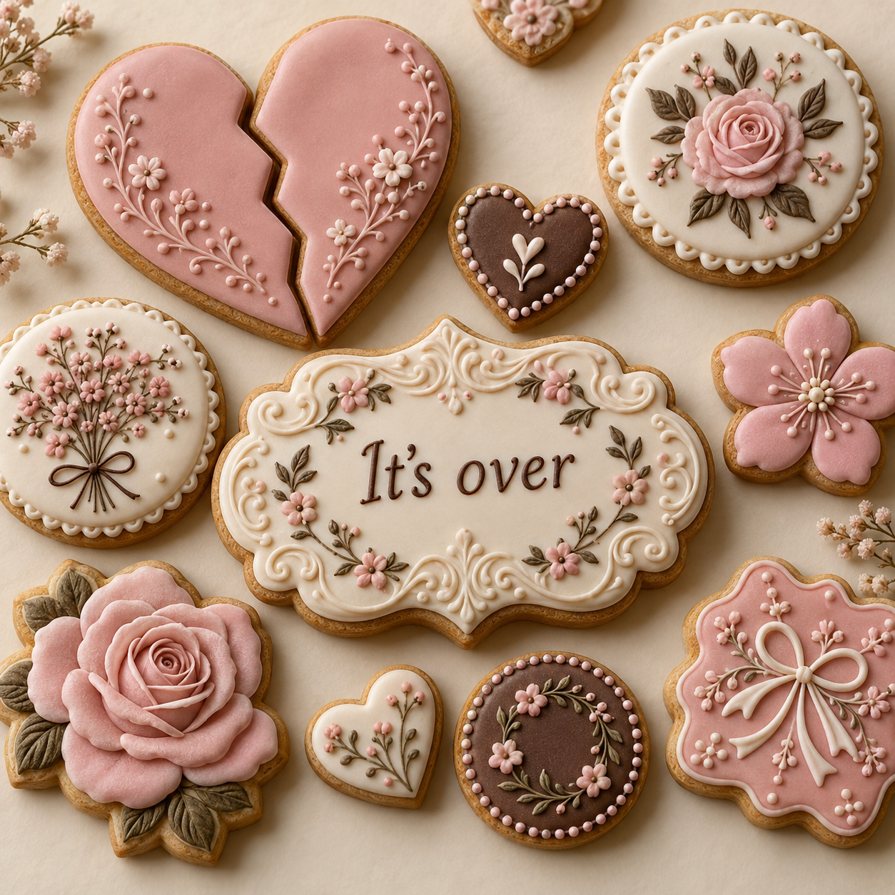 Detailed rose-iced It’s Over cookies