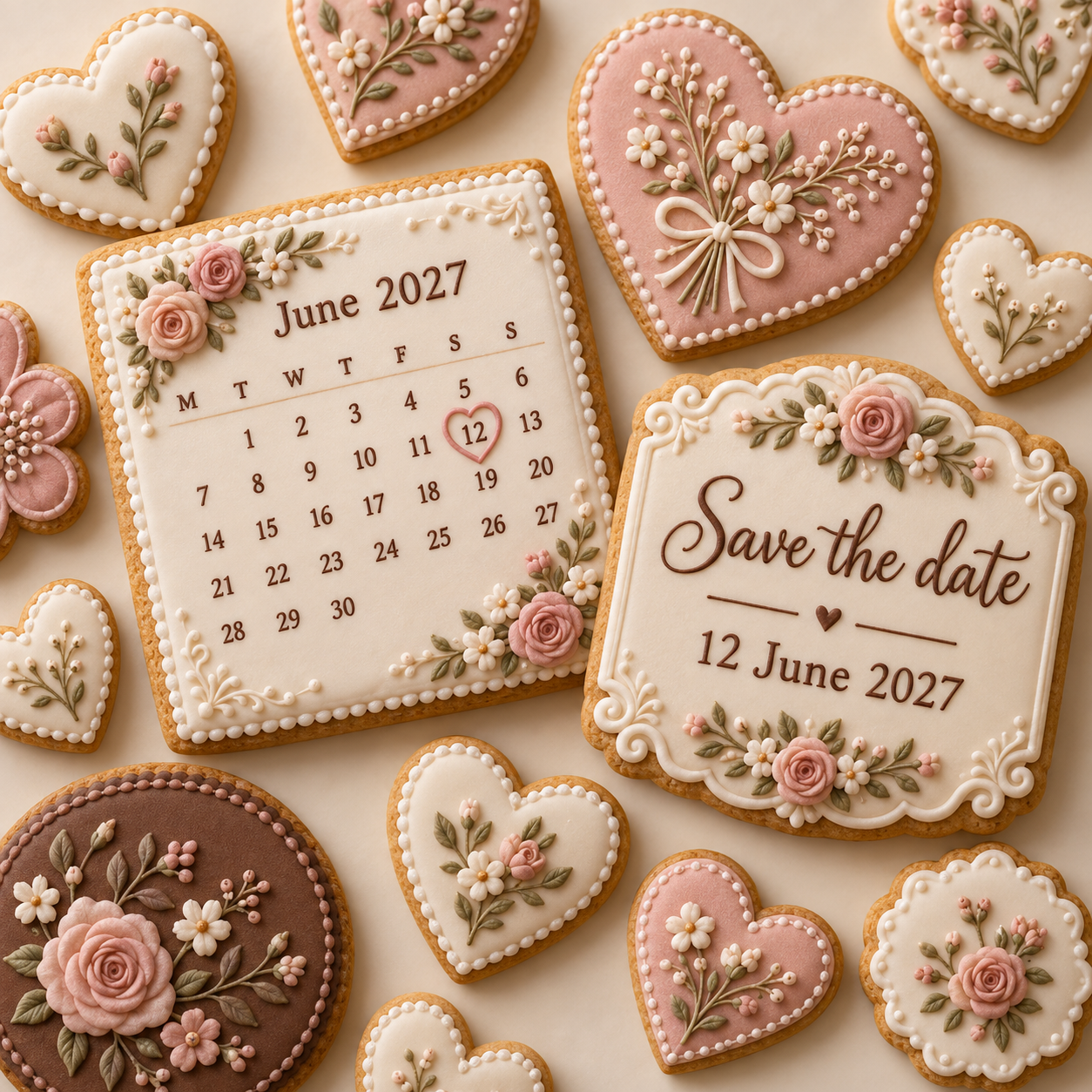 Floral Save the Date cookies with an example date of 12 June 2027